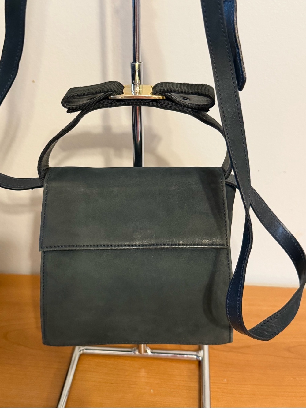 Salvatore Ferragamo Black Leather Messenger Bag with Bow Accent